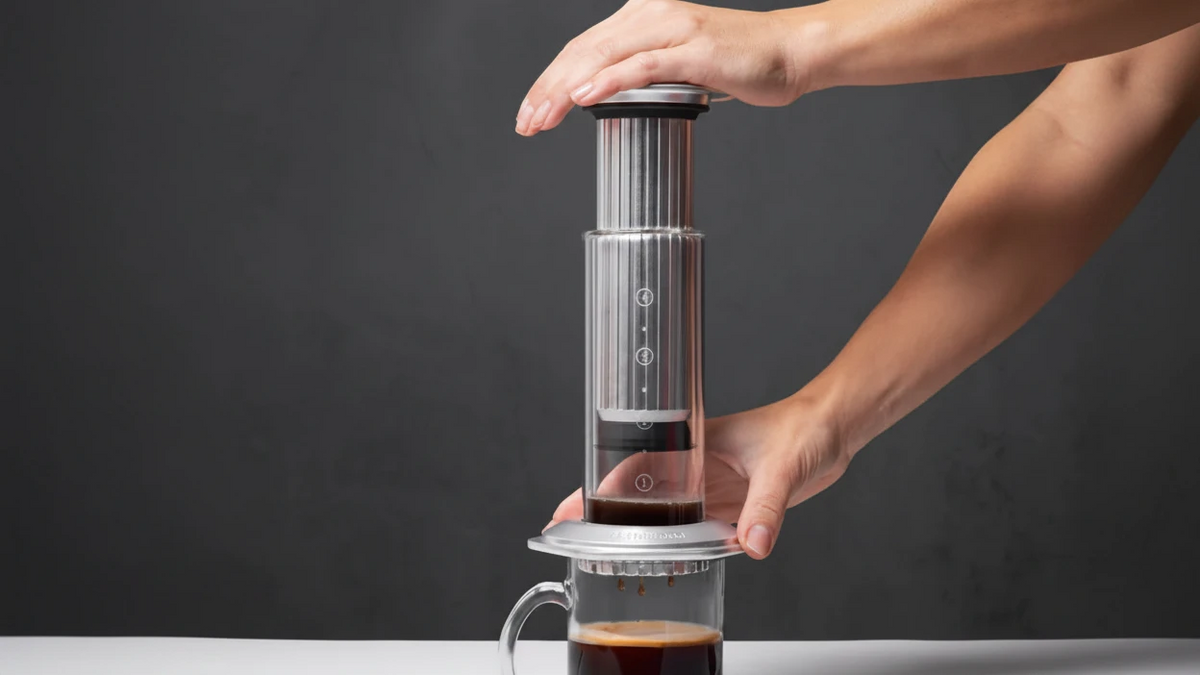 Person using an AeroPress coffee maker with a dark background